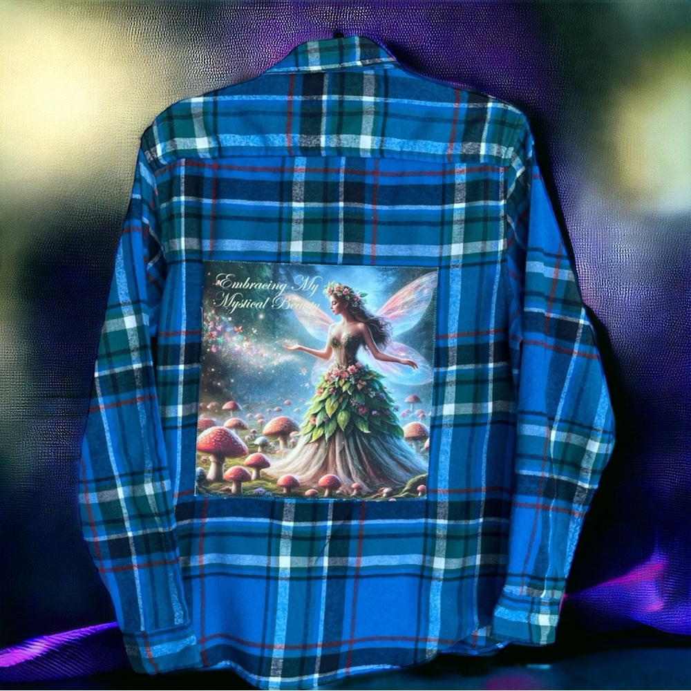 Upcycled Flannel Shirt “Embracing My Mystical Beauty” Fairy Magic Turquoise Med